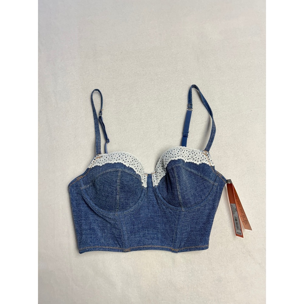 Blue Denim Corset Bra Top Lace Trim Sweetheart‎ Neckline Adjustable Straps XS